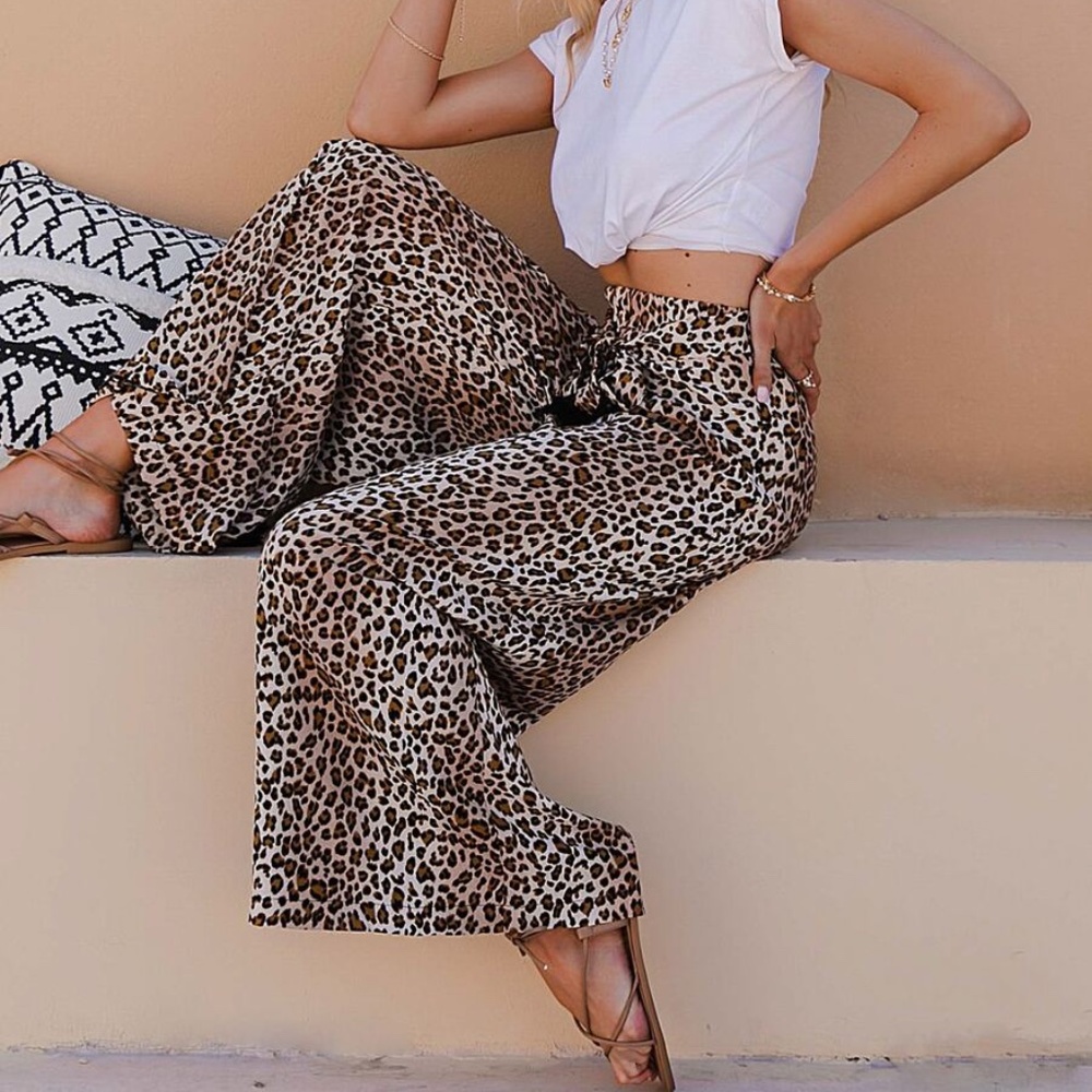 leopard print boho tassel tie palazzo wide pants - Picture 4 of 9